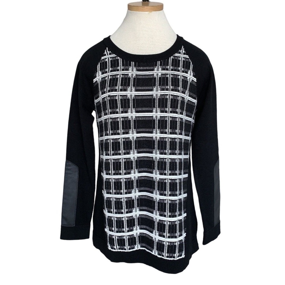 Nanette Lepore Sweater Leather Sleeve Detail Stretch‎ Large Black White